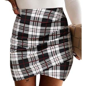 imageEXLURA Womens Bodycon Ruched Tulip Mini Skirt Elastic High Waist Asymmetrical Short SkirtsBlack and White Plaid