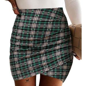 imageEXLURA Womens Bodycon Ruched Tulip Mini Skirt Elastic High Waist Asymmetrical Short SkirtsDark Green Plaid