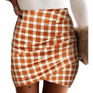 imageEXLURA Womens Bodycon Ruched Tulip Mini Skirt Elastic High Waist Asymmetrical Short SkirtsOrange Plaid