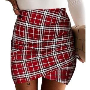 imageEXLURA Womens Bodycon Ruched Tulip Mini Skirt Elastic High Waist Asymmetrical Short SkirtsWine Red Plaid