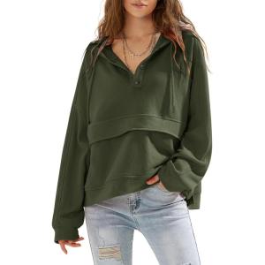 imageEXLURA Womens Casual Long Sleeve Sweatshirts Hoodies Loose Button Pullover Top Trendy Fall Outfits with PocketArmy Green