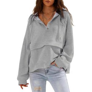 imageEXLURA Womens Casual Long Sleeve Sweatshirts Hoodies Loose Button Pullover Top Trendy Fall Outfits with PocketGrey