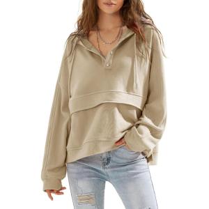 imageEXLURA Womens Casual Long Sleeve Sweatshirts Hoodies Loose Button Pullover Top Trendy Fall Outfits with PocketKhaki Green