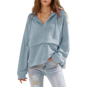 imageEXLURA Womens Casual Long Sleeve Sweatshirts Hoodies Loose Button Pullover Top Trendy Fall Outfits with PocketLight Blue