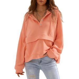 imageEXLURA Womens Casual Long Sleeve Sweatshirts Hoodies Loose Button Pullover Top Trendy Fall Outfits with PocketOrange