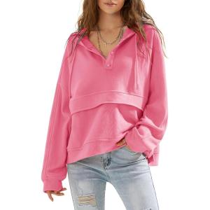 imageEXLURA Womens Casual Long Sleeve Sweatshirts Hoodies Loose Button Pullover Top Trendy Fall Outfits with PocketPink