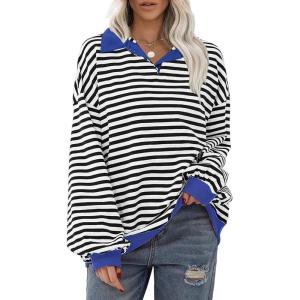 imageEXLURA Womens Oversized Sweatshirt for Women 2024 Fall Button Striped Long Sleeve Shirts Hoodies Preppy Top Y2K OutfitsBlack White