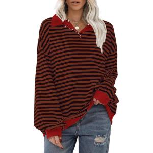 imageEXLURA Womens Oversized Sweatshirt for Women 2024 Fall Button Striped Long Sleeve Shirts Hoodies Preppy Top Y2K OutfitsBrown Dark Blue