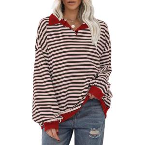 imageEXLURA Womens Oversized Sweatshirt for Women 2024 Fall Button Striped Long Sleeve Shirts Hoodies Preppy Top Y2K OutfitsKhaki Navy Blue