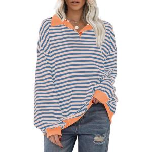 imageEXLURA Womens Oversized Sweatshirt for Women 2024 Fall Button Striped Long Sleeve Shirts Hoodies Preppy Top Y2K OutfitsPink Blue