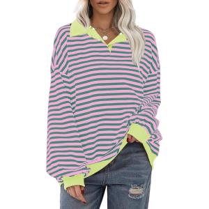 imageEXLURA Womens Oversized Sweatshirt for Women 2024 Fall Button Striped Long Sleeve Shirts Hoodies Preppy Top Y2K OutfitsPink Green