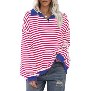 imageEXLURA Womens Oversized Sweatshirt for Women 2024 Fall Button Striped Long Sleeve Shirts Hoodies Preppy Top Y2K OutfitsRed White