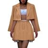 imageEXLURA Womens Long Sleeve Blazer Suit Sets with Pleated Mini Skirt 2 Piece Outfits Business Trendy Y2K Fashion Clothes 2025Khaki