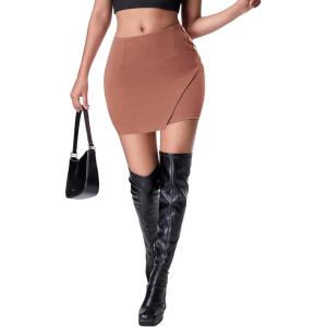 imageEXLURA Womens Elastic High Waisted Button Mini Skirts Sexy Bodycon Pencil Short Skirts Slim Fit Party Date Night Skirt 2024Brown