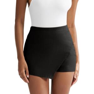 imageEXLURA Womens High Elastic Waist Bodycon Asymmetrical Skorts Short Mini Skirt with ShortsBlack