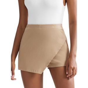 imageEXLURA Womens High Elastic Waist Bodycon Asymmetrical Skorts Short Mini Skirt with ShortsBrown