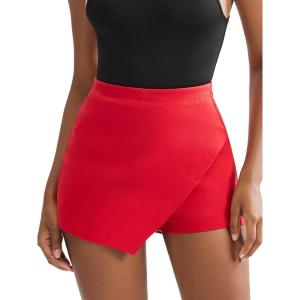 imageEXLURA Womens High Elastic Waist Bodycon Asymmetrical Skorts Short Mini Skirt with ShortsRed