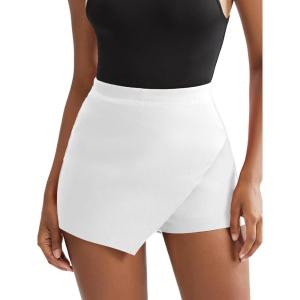 imageEXLURA Womens High Elastic Waist Bodycon Asymmetrical Skorts Short Mini Skirt with ShortsWhite