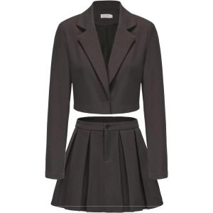 imageEXLURA Womens Long Sleeve Blazer Suit Sets with Pleated Mini Skirt 2 Piece Outfits Business Trendy Y2K Fashion Clothes 2025Dark Grey