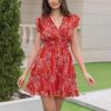 imageEXLURA Womens 2023 Summer Floral Mini Dress V Neck Short Ruffle Sleeve Sundress