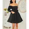 imageEXLURA Womens Casual Mini Dress Square Neck Long Puff Sleeve Dress Empire Waist Boho Wedding Guest Dress with Pockets Black