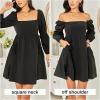 imageEXLURA Womens Casual Mini Dress Square Neck Long Puff Sleeve Dress Empire Waist Boho Wedding Guest Dress with Pockets Black
