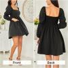 imageEXLURA Womens Casual Mini Dress Square Neck Long Puff Sleeve Dress Empire Waist Boho Wedding Guest Dress with Pockets Black