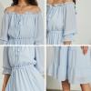 imageEXLURA Womens Off Shoulder Drawstring Neck Midi Dress Puff Elbow Sleeve Tiered Tie Front Frill Hem Flowy Dress Sundress