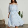 imageEXLURA Womens Off Shoulder Drawstring Neck Midi Dress Puff Elbow Sleeve Tiered Tie Front Frill Hem Flowy Dress Sundress