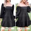 imageEXLURA Womens Square Neck Long Puff Sleeve Mini Dress Off Shoulder High Waist Smocked Back Short Ruffle Dress Black