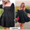 imageEXLURA Womens Square Neck Long Puff Sleeve Mini Dress Off Shoulder High Waist Smocked Back Short Ruffle Dress Black