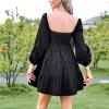 imageEXLURA Womens Square Neck Long Puff Sleeve Mini Dress Off Shoulder High Waist Smocked Back Short Ruffle Dress Black