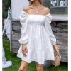 imageEXLURA Womens Square Neck Long Puff Sleeve Mini Dress Off Shoulder High Waist Smocked Back Short Ruffle Dress White