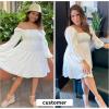 imageEXLURA Womens Square Neck Long Puff Sleeve Mini Dress Off Shoulder High Waist Smocked Back Short Ruffle Dress White