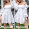 imageEXLURA Womens Square Neck Long Puff Sleeve Mini Dress Off Shoulder High Waist Smocked Back Short Ruffle Dress White