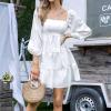 imageEXLURA Womens Square Neck Long Puff Sleeve Mini Dress Off Shoulder High Waist Smocked Back Short Ruffle Dress White