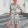 imageEXLURA Womens Summer Dress Floral Ruffle Tiered Square Neck Sundress Short Sleeve Off Shoulder Smocked Mini Dresses