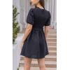 imageEXLURA Womens Summer Mini Dress Short Puff Sleeve Hollow Out Tie Front Smocked Ruffle A Line Babydoll Vintage Party Dress Black