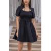 imageEXLURA Womens Summer Mini Dress Short Puff Sleeve Hollow Out Tie Front Smocked Ruffle A Line Babydoll Vintage Party Dress Black