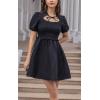 imageEXLURA Womens Summer Mini Dress Short Puff Sleeve Hollow Out Tie Front Smocked Ruffle A Line Babydoll Vintage Party Dress Black