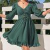 imageEXLURA Womens Swiss Dot V Neck Drawstring Mini Dress Tie Back Backless Short Dress Puff Elbow Sleeve Ruffle Dresses Dark Green