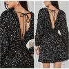 imageEXLURA Womens V Neck Ruffle Floral Boho Mini Dress Backless Batwing Long Sleeve Vintage Wedding Guest Dress