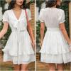 imageEXLURA Womens V Neck Summer Ruffle Dress Sundress Tiered Smocked Tie Front Short Puff Sleeve Swing Mini Dress AWhite