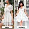 imageEXLURA Womens V Neck Summer Ruffle Dress Sundress Tiered Smocked Tie Front Short Puff Sleeve Swing Mini Dress AWhite