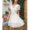 imageEXLURA Womens V Neck Summer Ruffle Dress Sundress Tiered Smocked Tie Front Short Puff Sleeve Swing Mini Dress AWhite