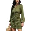 imageEXLURA Tie Front Knit Round Neck Key Hole TShirt Dress Ruched Hem Slim Bodycon Mini Dress Dark Olive Green