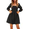 imageEXLURA Womens Casual Mini Dress Square Neck Long Puff Sleeve Dress Empire Waist Boho Wedding Guest Dress with Pockets Black