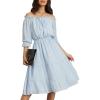 imageEXLURA Womens Off Shoulder Drawstring Neck Midi Dress Puff Elbow Sleeve Tiered Tie Front Frill Hem Flowy Dress Sundress