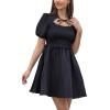 imageEXLURA Womens Summer Mini Dress Short Puff Sleeve Hollow Out Tie Front Smocked Ruffle A Line Babydoll Vintage Party Dress Black