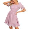 imageEXLURA Womens Summer Off Shoulder Smocked Mini Dress Square Neck Puff Short Sleeve High Waist Short Ruffle Dresses Pink
